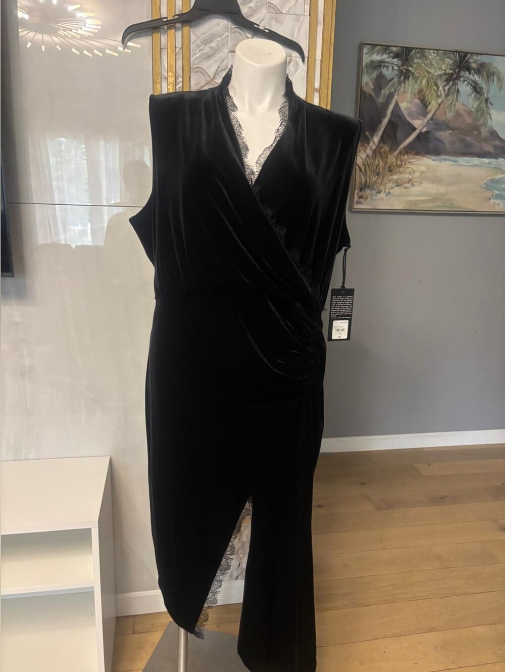 Elegant Black Velvet Wrap Dress with Lace Trim